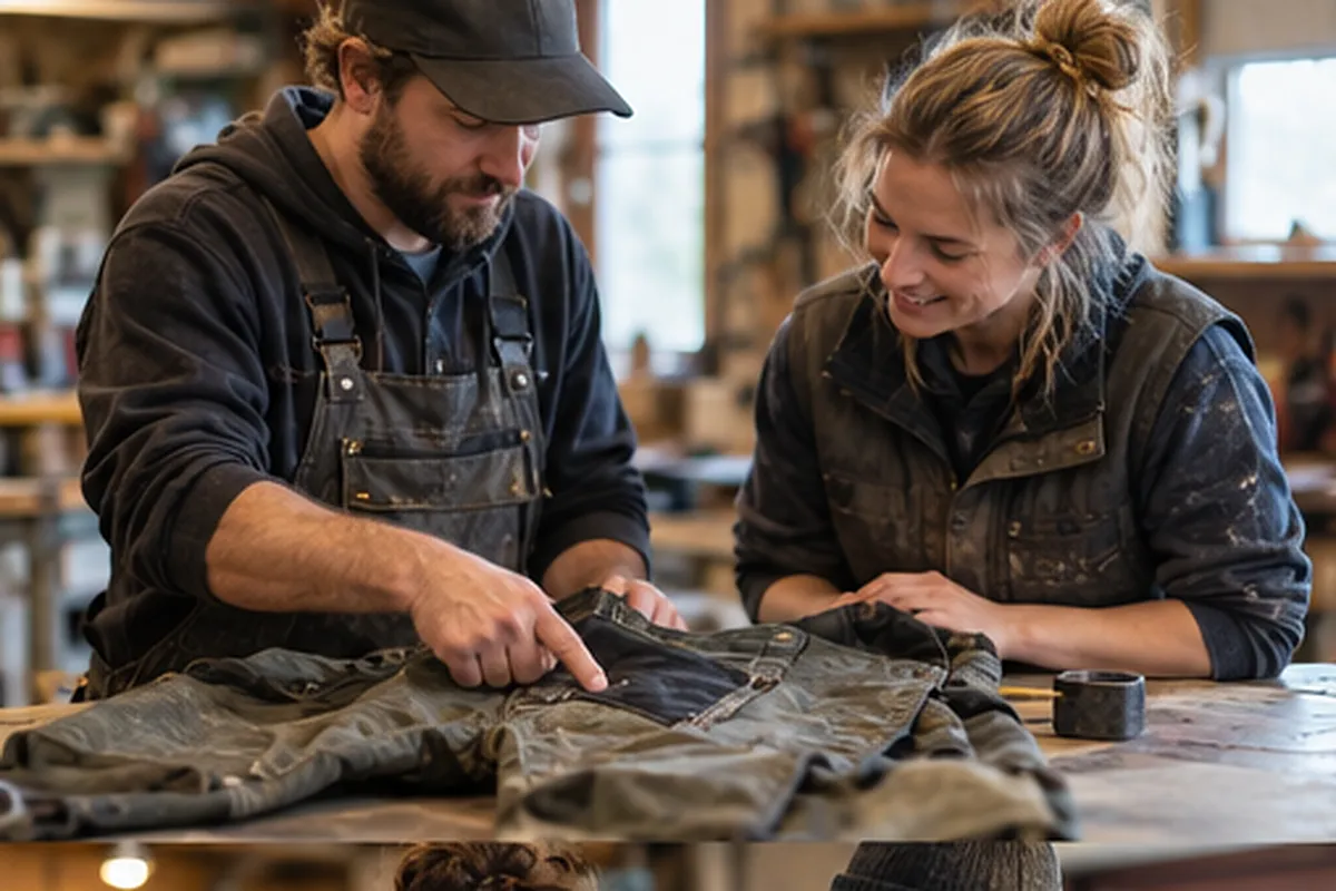 Zwei Handwerker besprechen eine Arbeitshose