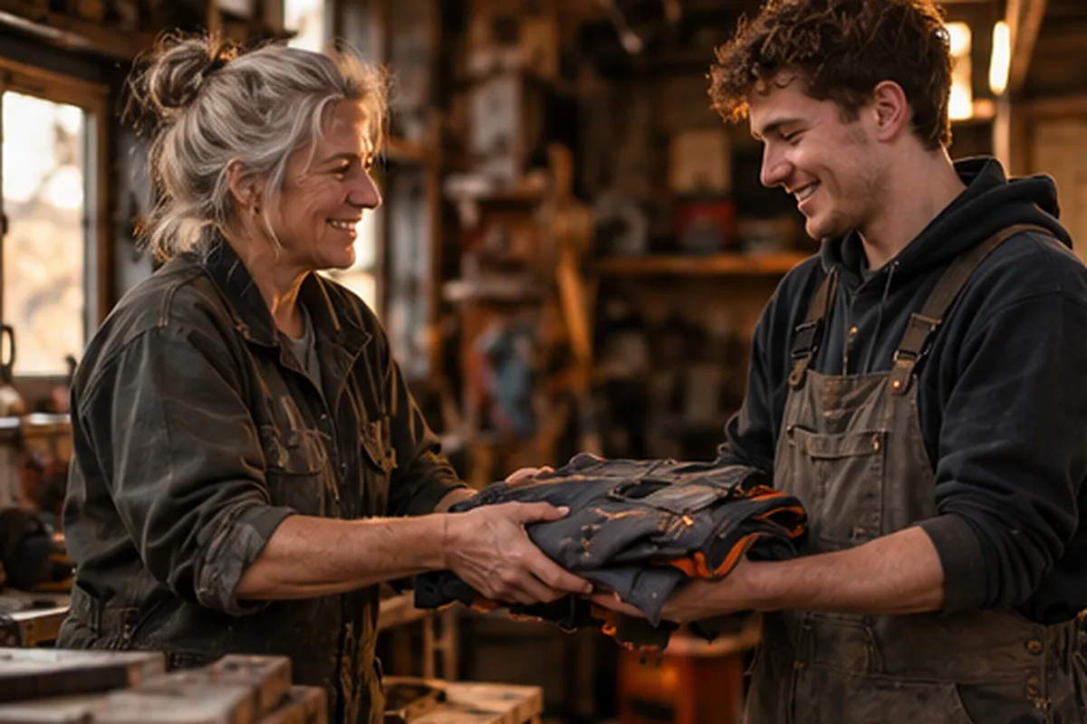 Eine Handwerkerin gibt einem Kollegen eine Arbeitshose weiter