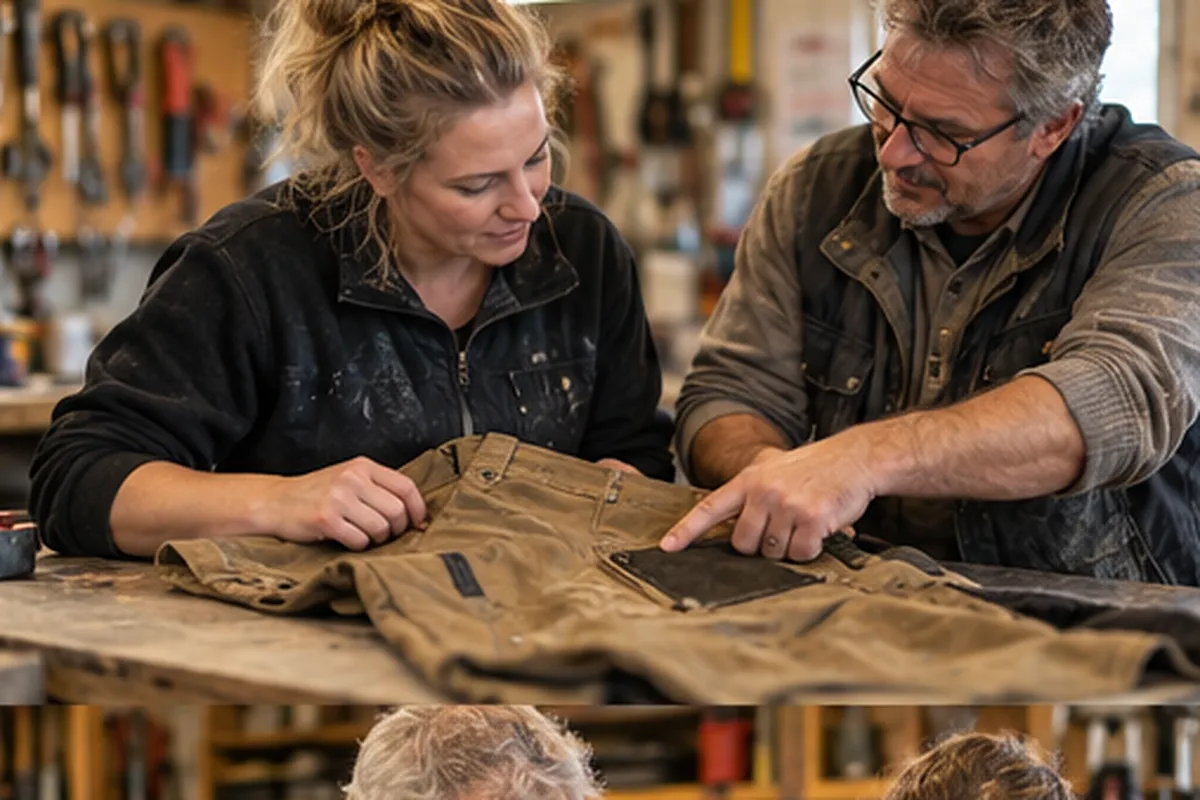 Zwei Handwerker besprechen eine gebrauchte Arbeitshose