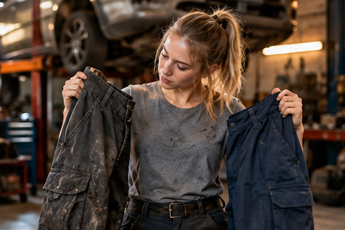 Junge Handwerkerin vergleicht zwei gebrauchte Arbeitshosen
