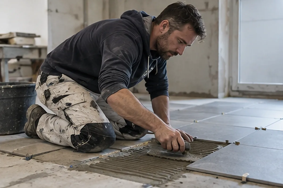 Fliesenleger kniet in gebrauchter Arbeitshose
