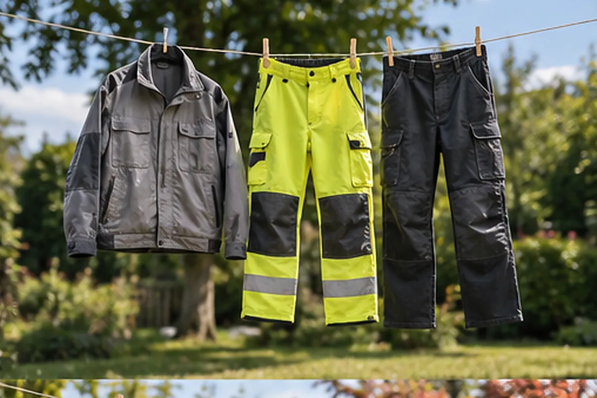 Arbeitskleidung trocknet auf der Leine